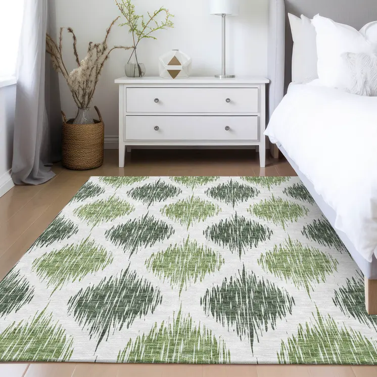 10' X 14' Fern Green And Ivory Ikat Washable Indoor Outdoor Area Rug