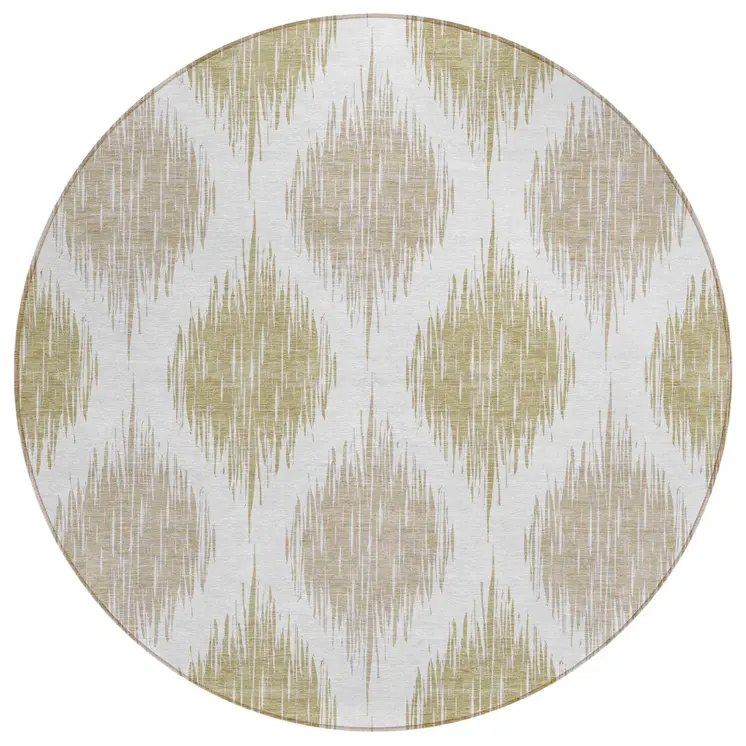8' Gold Ivory And Beige Round Ikat Washable Indoor Outdoor Area Rug