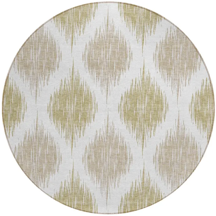 8' Gold Ivory And Beige Round Ikat Washable Indoor Outdoor Area Rug