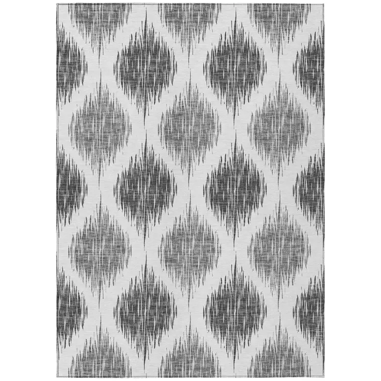 3' X 5' Gray Ivory And Charcoal Ikat Washable Indoor Outdoor Area Rug