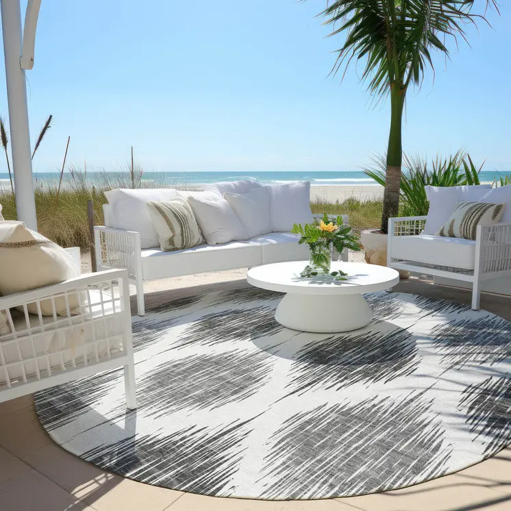 8' Gray Ivory And Charcoal Round Ikat Washable Indoor Outdoor Area Rug