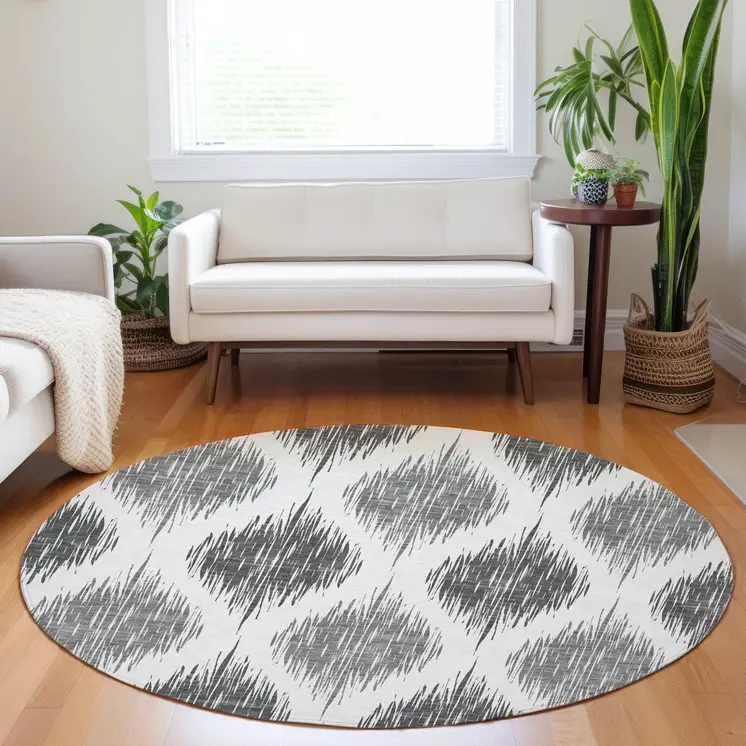 8' Gray Ivory And Charcoal Round Ikat Washable Indoor Outdoor Area Rug