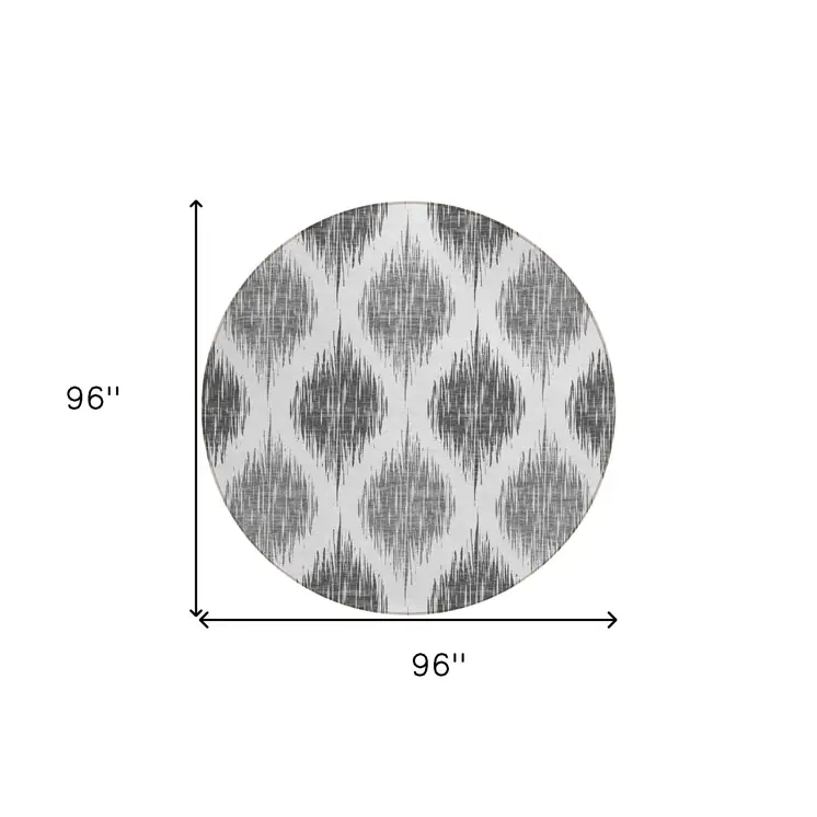 8' Gray Ivory And Charcoal Round Ikat Washable Indoor Outdoor Area Rug