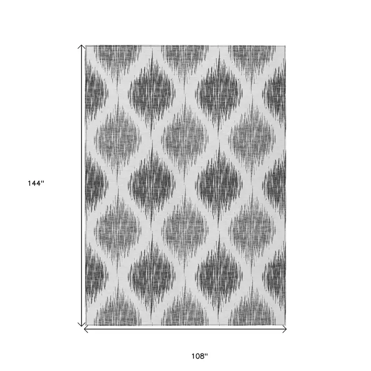 9' X 12' Gray Ivory And Charcoal Ikat Washable Indoor Outdoor Area Rug
