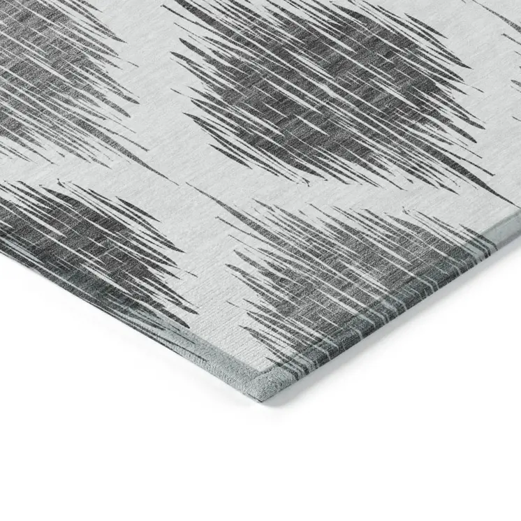 9' X 12' Gray Ivory And Charcoal Ikat Washable Indoor Outdoor Area Rug