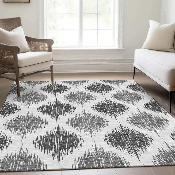 9' X 12' Gray Ivory And Charcoal Ikat Washable Indoor Outdoor Area Rug