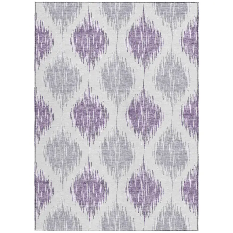 5' X 8' Lavender Purple And Ivory Ikat Washable Indoor Outdoor Area Rug