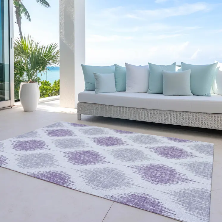 5' X 8' Lavender Purple And Ivory Ikat Washable Indoor Outdoor Area Rug