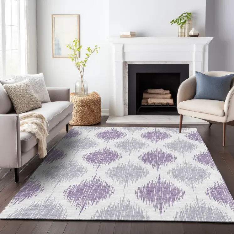 5' X 8' Lavender Purple And Ivory Ikat Washable Indoor Outdoor Area Rug
