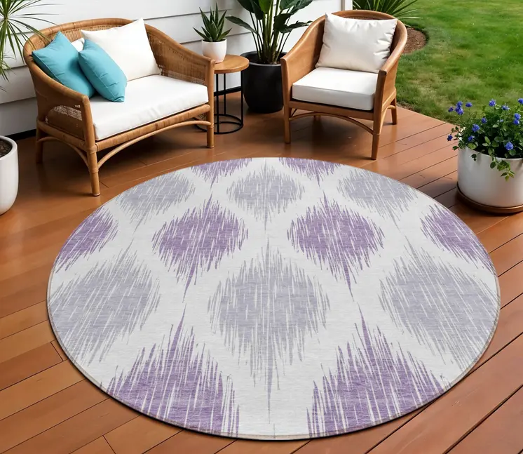 8' Lavender Purple And Ivory Round Ikat Washable Indoor Outdoor Area Rug