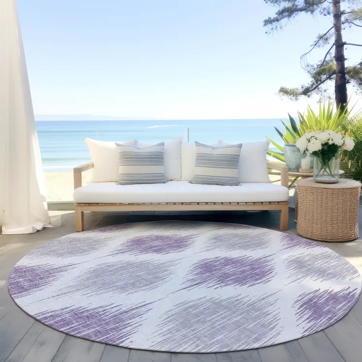 8' Lavender Purple And Ivory Round Ikat Washable Indoor Outdoor Area Rug