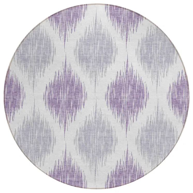 8' Lavender Purple And Ivory Round Ikat Washable Indoor Outdoor Area Rug