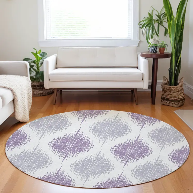 8' Lavender Purple And Ivory Round Ikat Washable Indoor Outdoor Area Rug