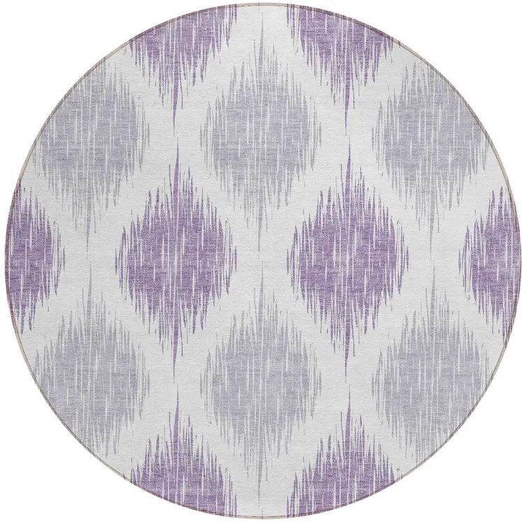 8' Lavender Purple And Ivory Round Ikat Washable Indoor Outdoor Area Rug