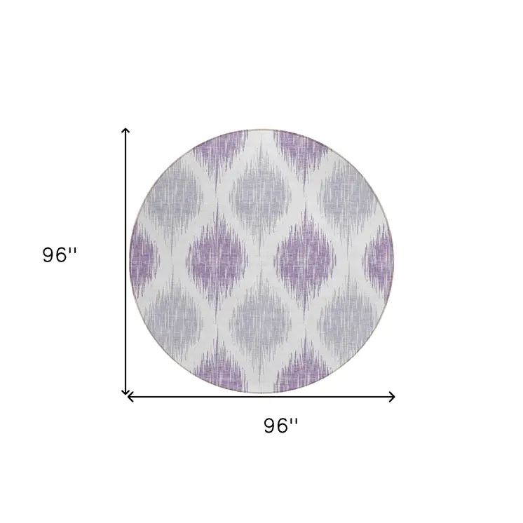 8' Lavender Purple And Ivory Round Ikat Washable Indoor Outdoor Area Rug