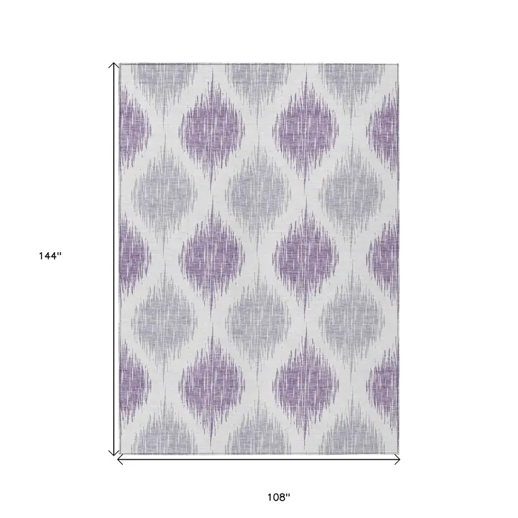 9' X 12' Lavender Purple And Ivory Ikat Washable Indoor Outdoor Area Rug