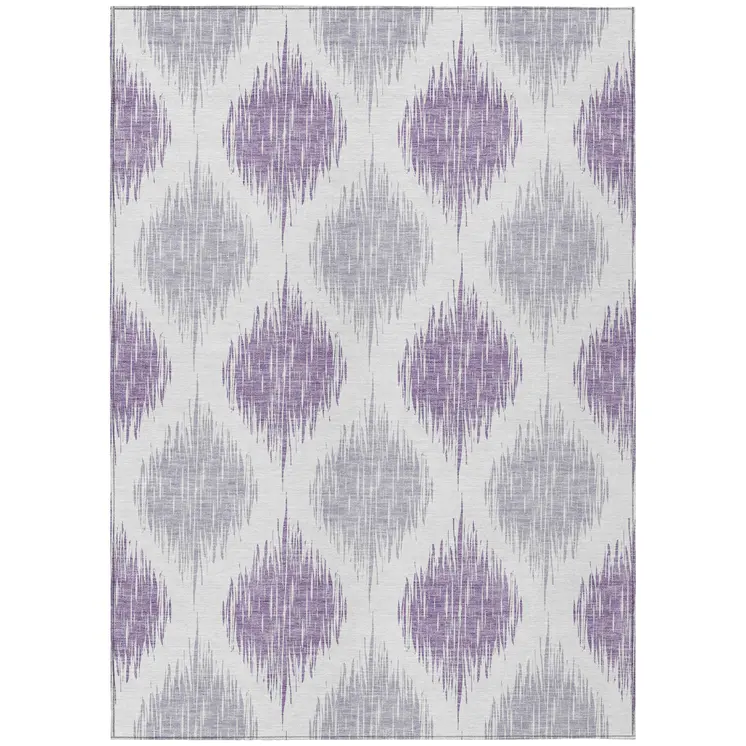 9' X 12' Lavender Purple And Ivory Ikat Washable Indoor Outdoor Area Rug