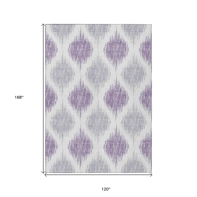 10' X 14' Lavender Purple And Ivory Ikat Washable Indoor Outdoor Area Rug