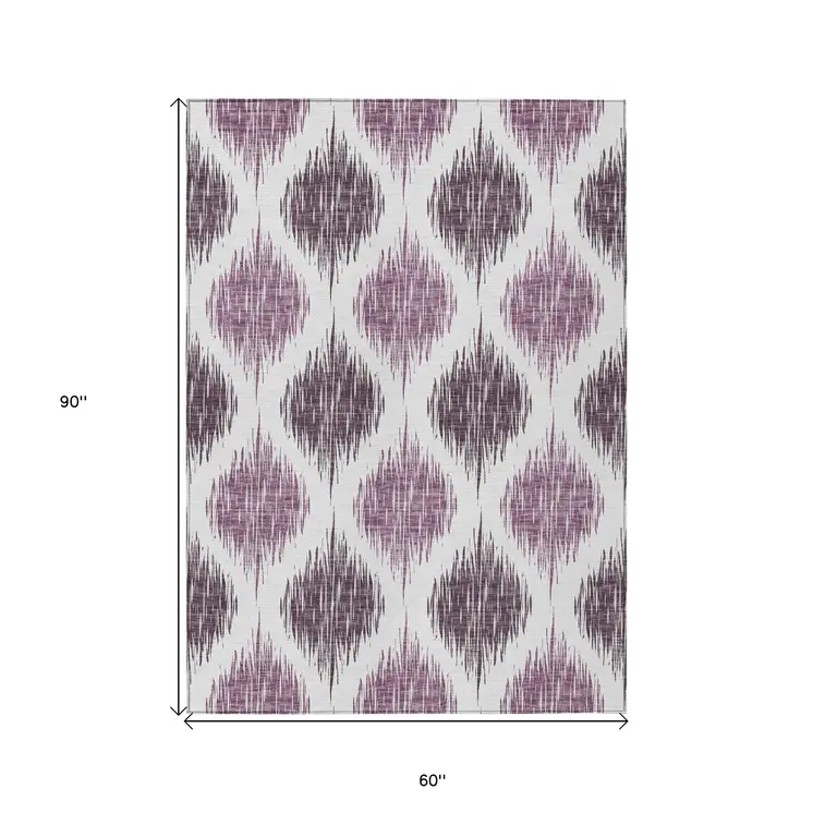 5' X 8' Purple Plum And Ivory Ikat Washable Indoor Outdoor Area Rug