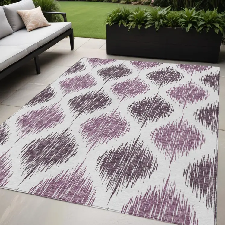5' X 8' Purple Plum And Ivory Ikat Washable Indoor Outdoor Area Rug