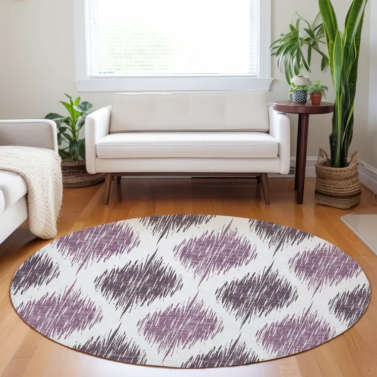 8' Purple Plum And Ivory Round Ikat Washable Indoor Outdoor Area Rug