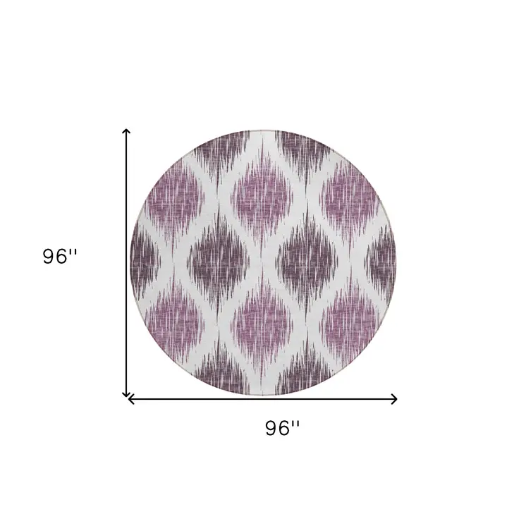 8' Purple Plum And Ivory Round Ikat Washable Indoor Outdoor Area Rug
