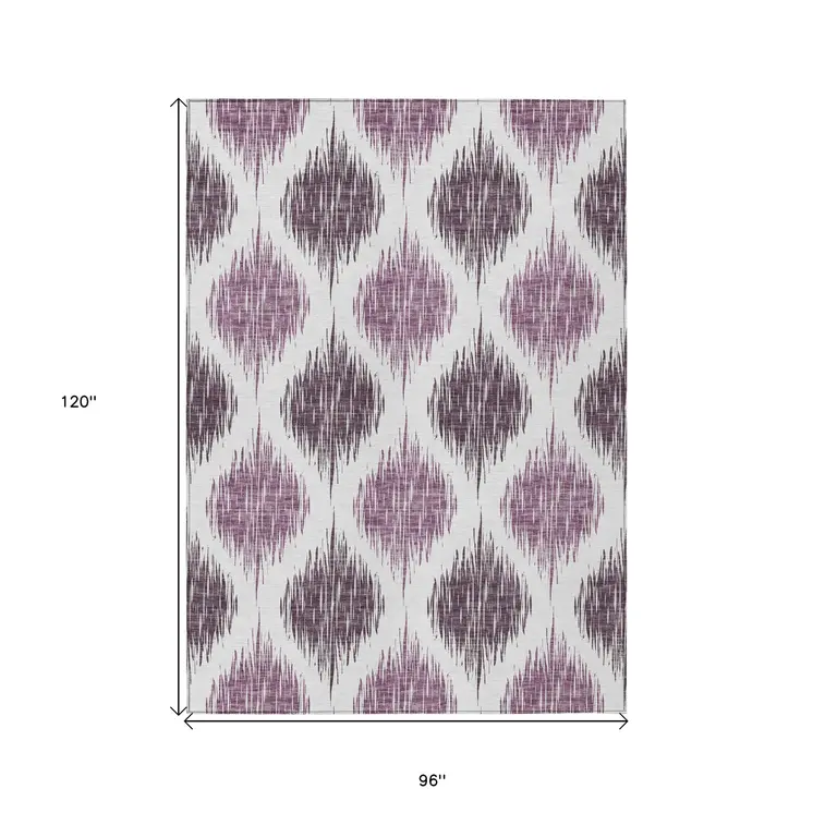 8' X 10' Purple Plum And Ivory Ikat Washable Indoor Outdoor Area Rug