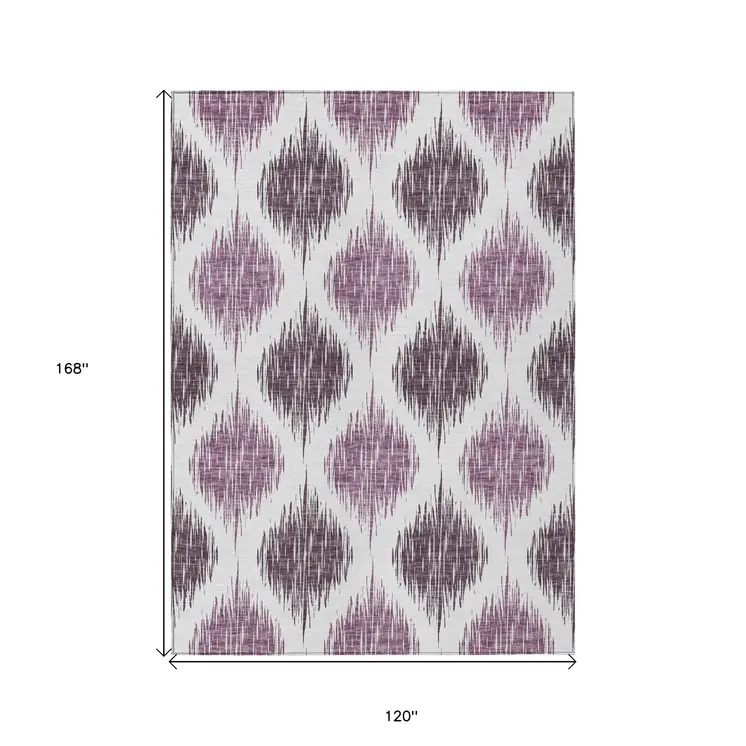 10' X 14' Purple Plum And Ivory Ikat Washable Indoor Outdoor Area Rug