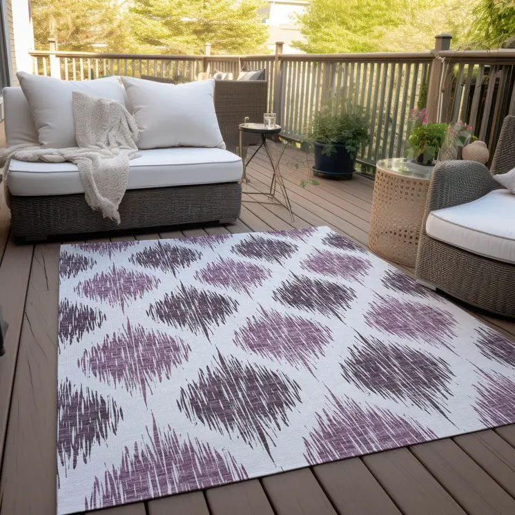 10' X 14' Purple Plum And Ivory Ikat Washable Indoor Outdoor Area Rug