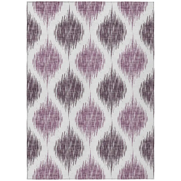 10' X 14' Purple Plum And Ivory Ikat Washable Indoor Outdoor Area Rug
