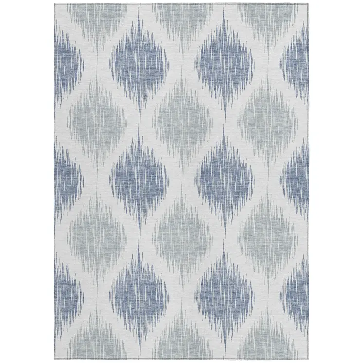5' X 8' Sky Blue Ivory And Denim Blue Ikat Washable Indoor Outdoor Area Rug