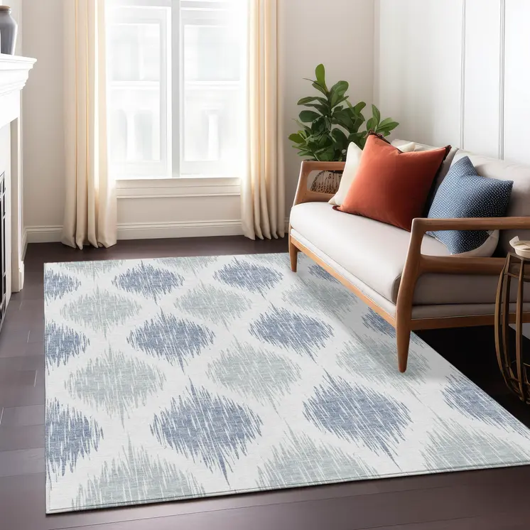 5' X 8' Sky Blue Ivory And Denim Blue Ikat Washable Indoor Outdoor Area Rug