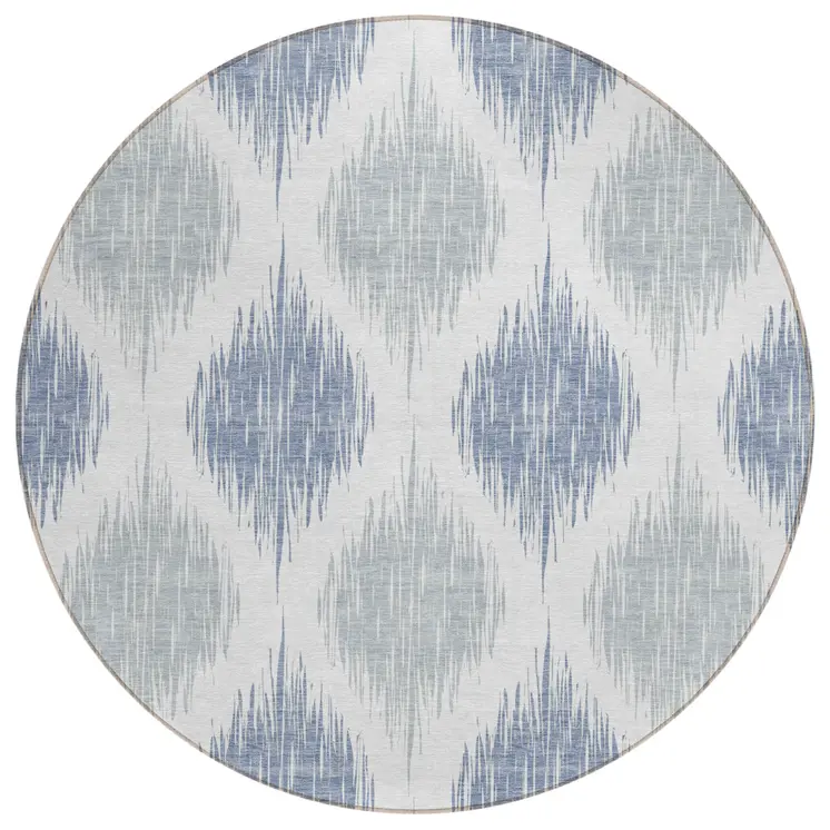 8' Sky Blue Ivory And Denim Blue Round Ikat Washable Indoor Outdoor Area Rug