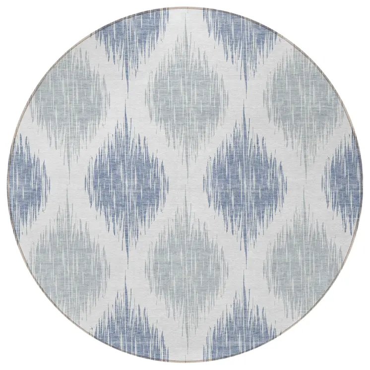 8' Sky Blue Ivory And Denim Blue Round Ikat Washable Indoor Outdoor Area Rug