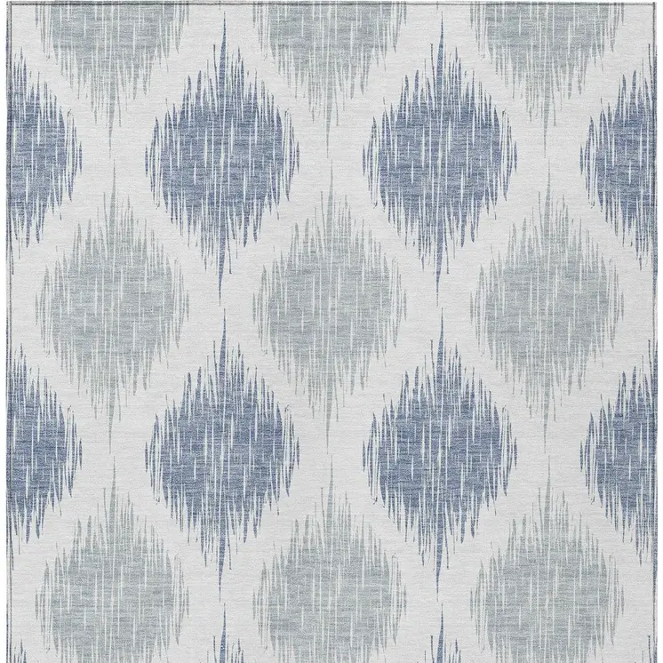 9' X 12' Sky Blue Ivory And Denim Blue Ikat Washable Indoor Outdoor Area Rug