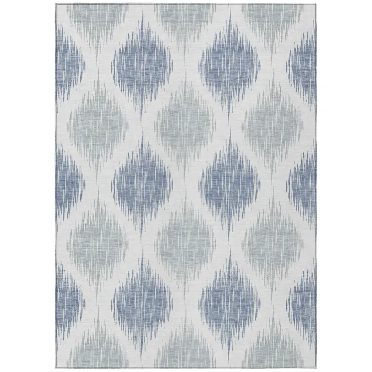 9' X 12' Sky Blue Ivory And Denim Blue Ikat Washable Indoor Outdoor Area Rug