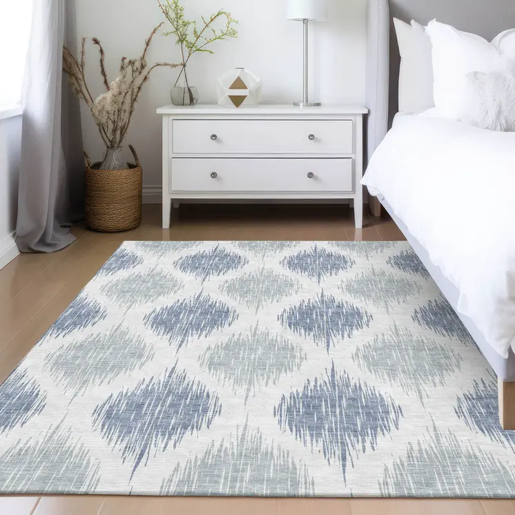 10' X 14' Sky Blue Ivory And Denim Blue Ikat Washable Indoor Outdoor Area Rug