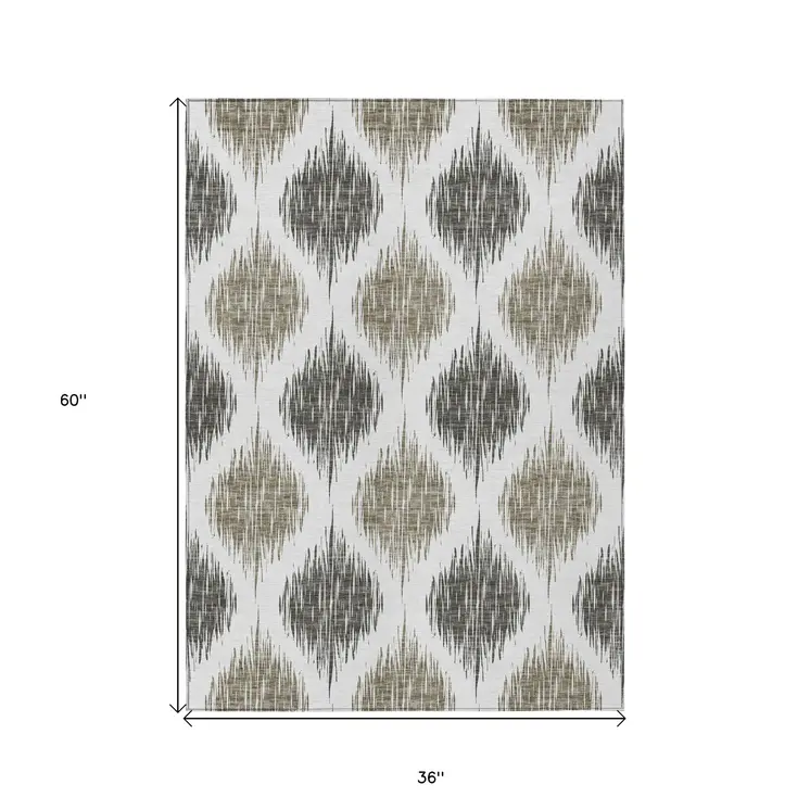 3' X 5' Taupe Ivory And Brown Ikat Washable Indoor Outdoor Area Rug