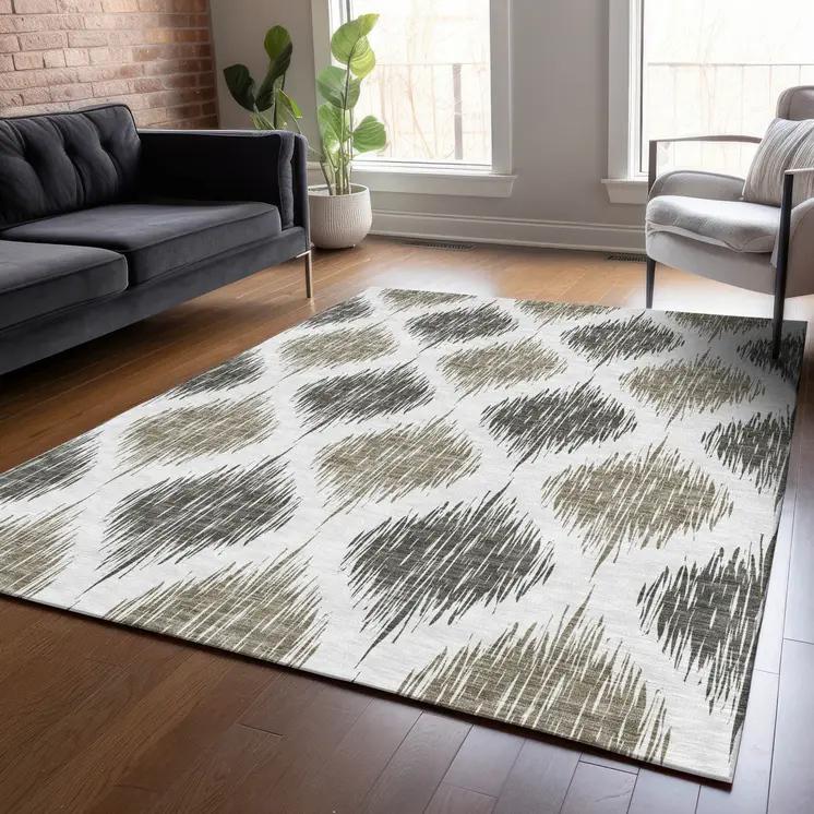 3' X 5' Taupe Ivory And Brown Ikat Washable Indoor Outdoor Area Rug