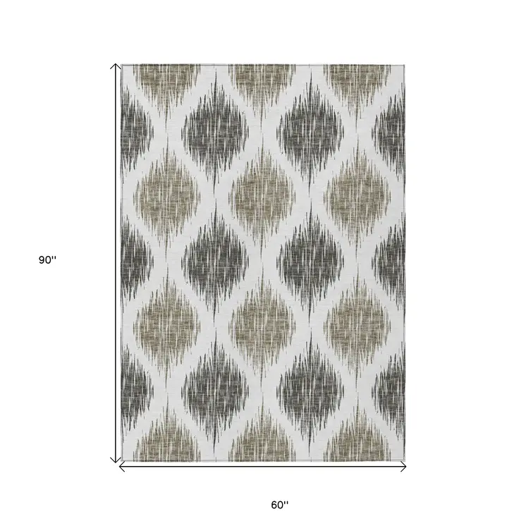 5' X 8' Taupe Ivory And Brown Ikat Washable Indoor Outdoor Area Rug