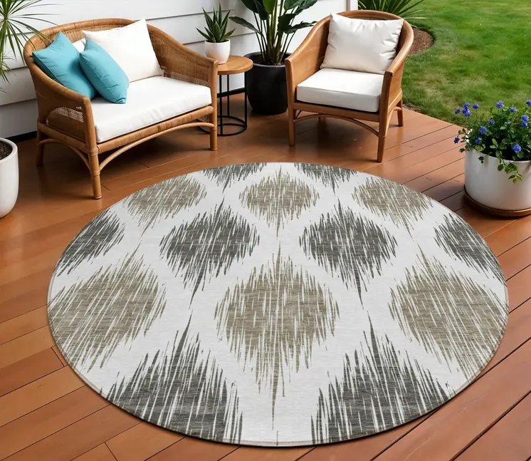 8' Taupe Ivory And Brown Round Ikat Washable Indoor Outdoor Area Rug