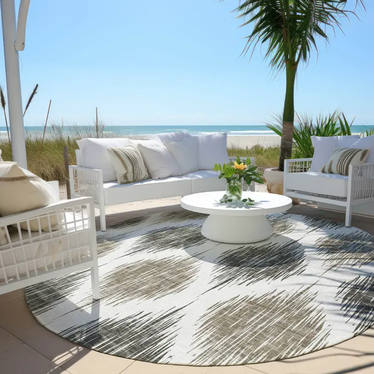 8' Taupe Ivory And Brown Round Ikat Washable Indoor Outdoor Area Rug