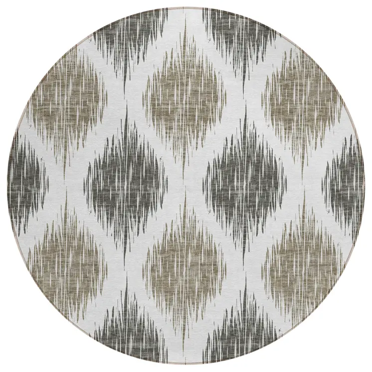 8' Taupe Ivory And Brown Round Ikat Washable Indoor Outdoor Area Rug