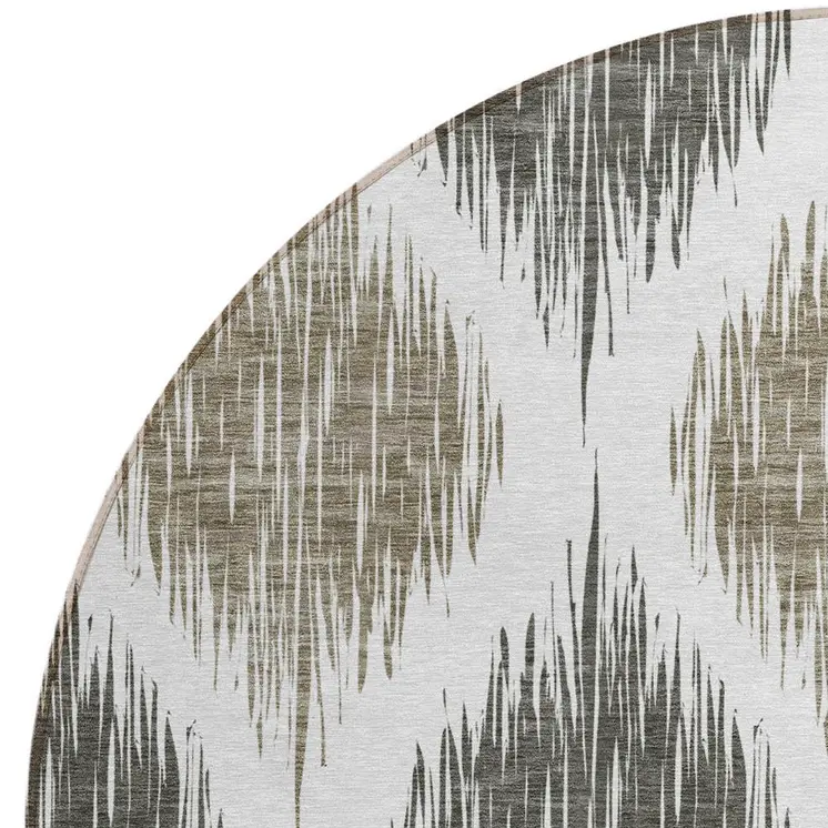 8' Taupe Ivory And Brown Round Ikat Washable Indoor Outdoor Area Rug