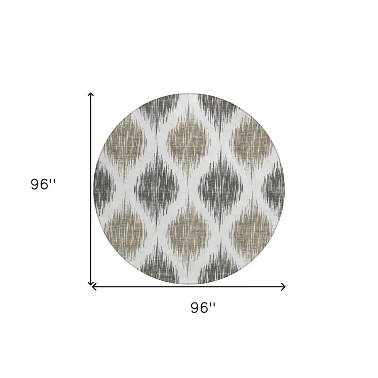 8' Taupe Ivory And Brown Round Ikat Washable Indoor Outdoor Area Rug