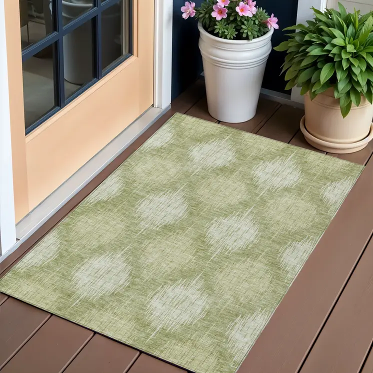 3' X 5' Artichoke Green And Fern Green Ikat Washable Indoor Outdoor Area Rug