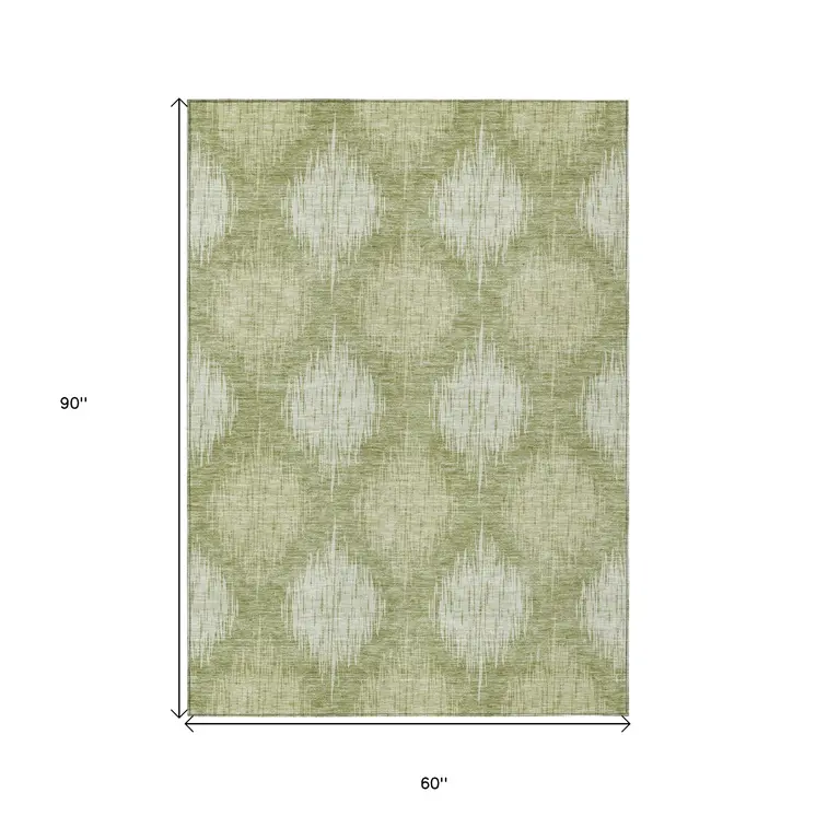 5' X 8' Artichoke Green And Fern Green Ikat Washable Indoor Outdoor Area Rug