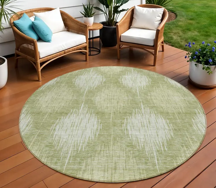 8' Artichoke Green And Fern Green Round Ikat Washable Indoor Outdoor Area Rug