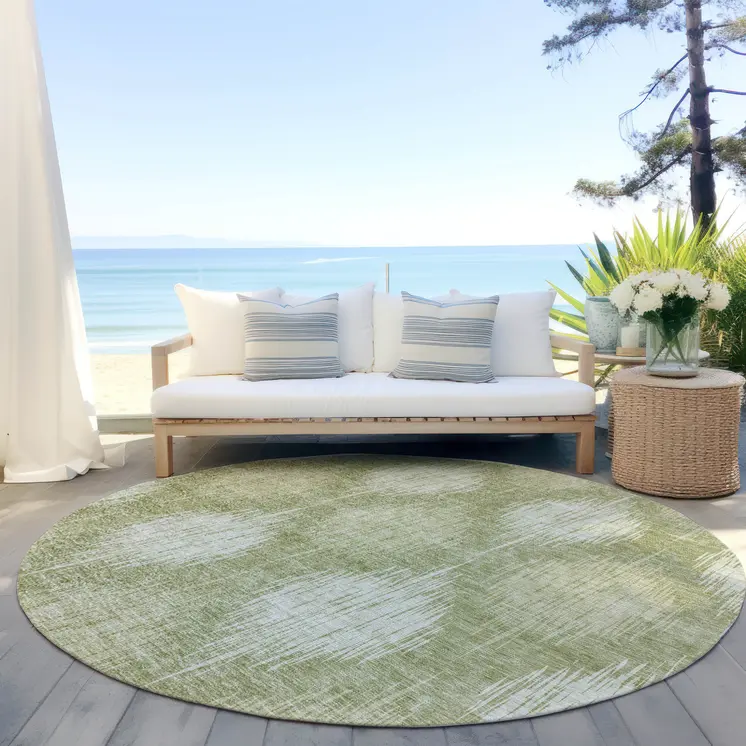 8' Artichoke Green And Fern Green Round Ikat Washable Indoor Outdoor Area Rug
