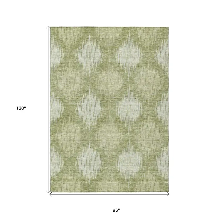 8' X 10' Artichoke Green And Fern Green Ikat Washable Indoor Outdoor Area Rug
